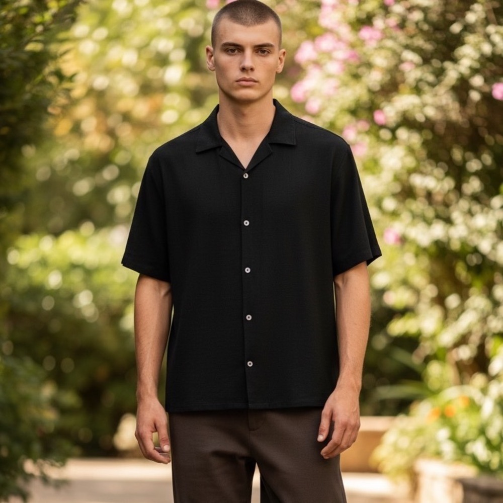 Massimo Dutti Mens 100% Cotton Black Button Down Shirt Camp Collar Size M